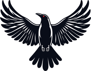 Gothic Raven Vector with Spread Wings – Dark Bird in Flight Illustration, Vector of a gothic raven with wings spread wide in flight, detailed feathers and red eye