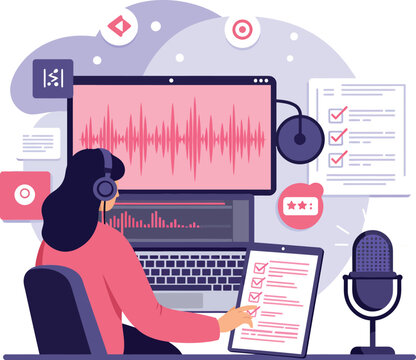Woman with headphones editing audio on computer in modern flat style vector illustration