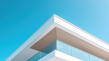 Modern architecture corner, white building, clear blue sky