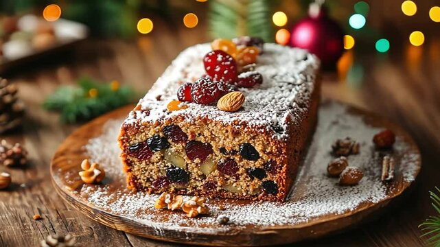 Delicious fruitcake topped with powdered sugar and nuts served on a wooden board during the holiday season