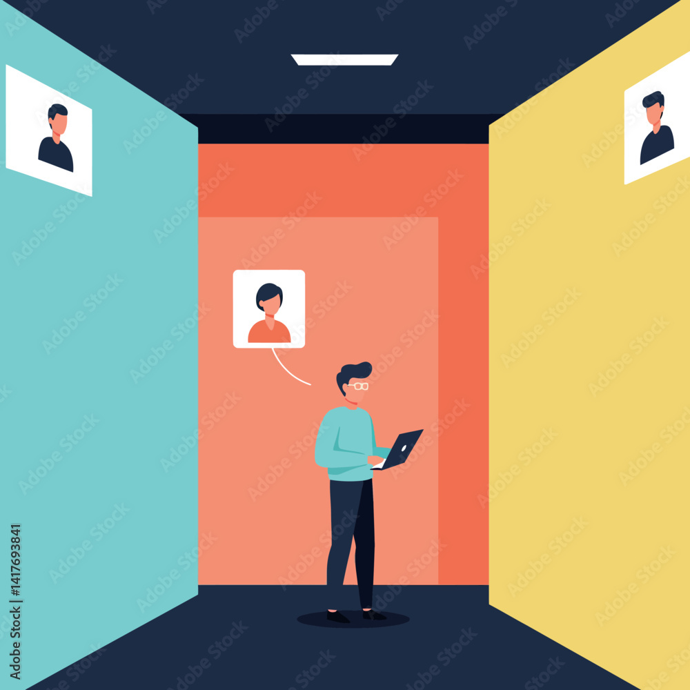 Aufkleber man using laptop in colorful room with floating profile icons flat digital vector illustration