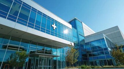 A modern hospital exterior with a bright blue sky and clean glass windows.