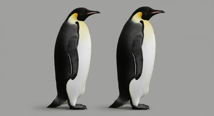 Fototapeta premium Two Penguins Standing Side by Side on Gray Background