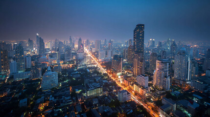 Naklejka premium Nighttime Aerial View of Illuminated and a River in a Modern City.