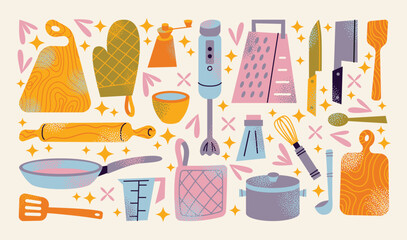 Various kitchen utensils cutting boards, gloves, grater, blender, knife, ladle, whisk, rolling pin, frying pan, salt shaker, cup, and measuring cup. Flat vector illustration. Cooking tools and kitchen