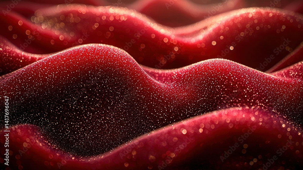 Poster close-up of shimmering red fabric waves with golden sparkles creating a luxurious texture
