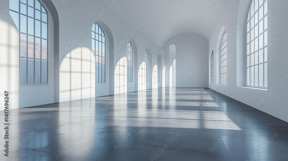 Aufkleber bright and spacious empty hall with large windows casting shadows on polished floor concept spacious