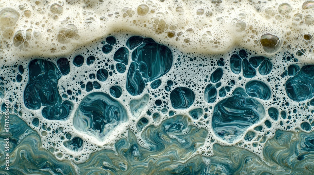 Poster close-up of ocean waves crashing with frothy bubbles, creating a dynamic texture