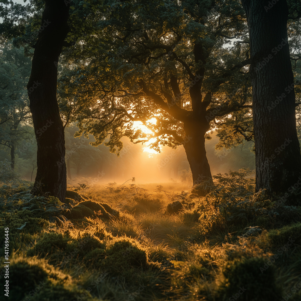 Poster sunlight filtering through trees in a misty forest creates a tranquil atmosphere at dawn sunlight, f