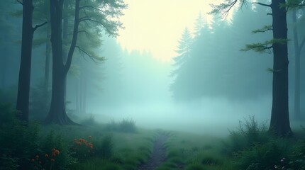 Obraz premium Serene Misty Forest Landscape in Cool Color Palette with Fog Rolling Through Tall Trees at Dawn
