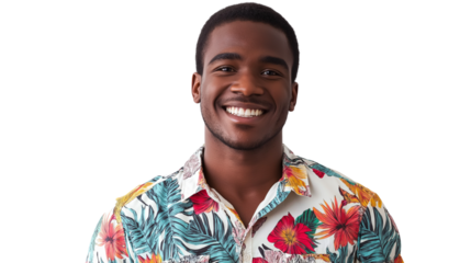 Young man in tropical shirt smiling confidently, white background, no hands visible, PNG