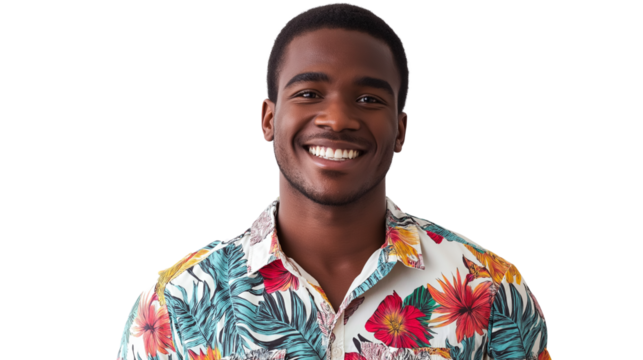 Young man in tropical shirt smiling confidently, white background, no hands visible, PNG