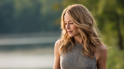 Serene woman relaxing by lake, enjoying nature's beauty, for wellness article