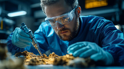 Scientist analyzing soil with shiny high tech tools symbolizes environmental research precision innovation and sustainability efforts to understand and protect Earth's natural resources

