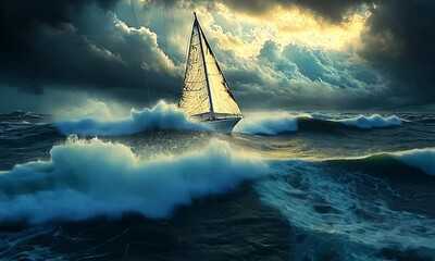 A sailboat navigating through turbulent ocean waves under a dramatic sky at sunset