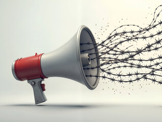 A megaphone with barbed wire instead of sound is a symbol of political propaganda and pressure.