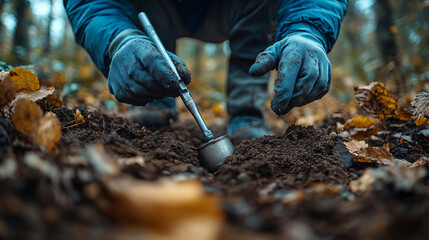 Scientist analyzing soil with shiny high tech tools symbolizes environmental research precision innovation and sustainability efforts to understand and protect Earth's natural resources

