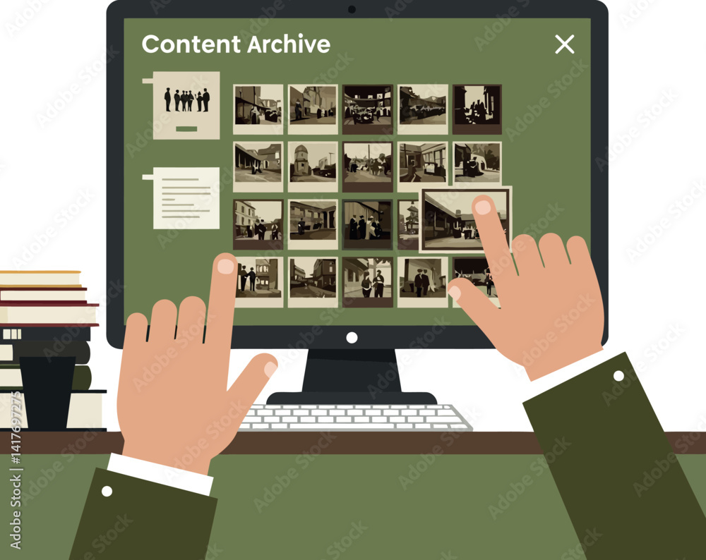 Poster hands interacting with digital photo archive on computer screen flat design vector illustration