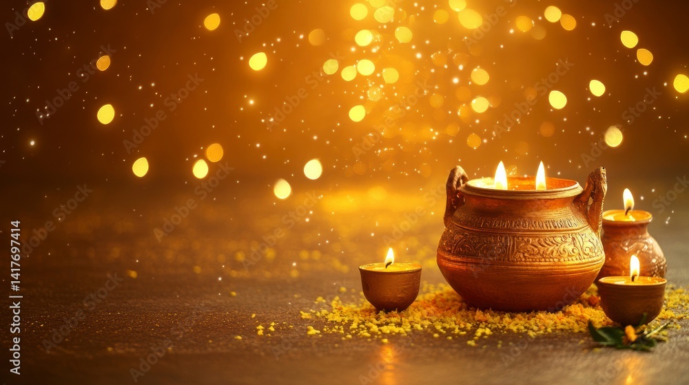 Canvas Prints golden diyas with yellow flowers and bokeh lights on dark background.