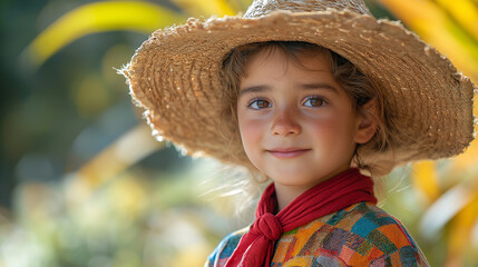 Charming Child in Festa Junina Costume with Straw Hat
