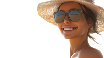 Portrait of a smiling woman wearing a sunhat and sunglasses, beachwear, upper body only, white background, PNG format, high-resolution, hyper-detailed
