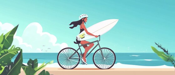 Fototapeta premium Woman Riding Bicycle on Beach with Surfboard and Sunny Sky