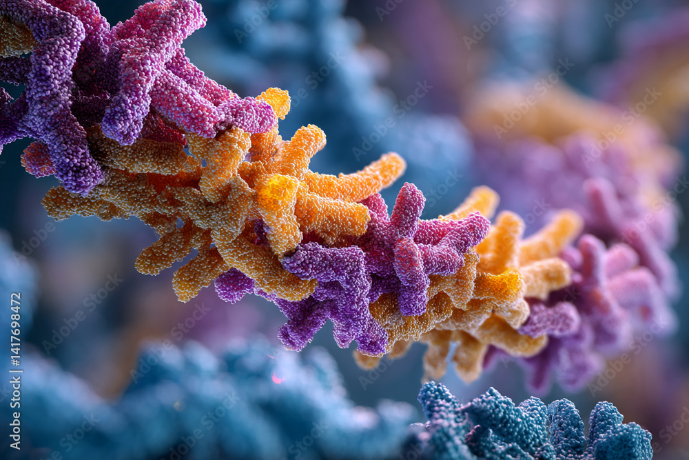 Aufkleber close-up of a complex, three-dimensional structure with orange and purple components, suggesting a s