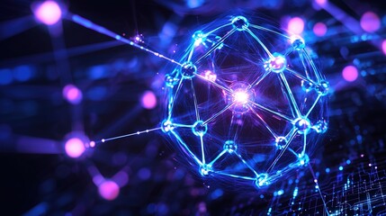 Glowing Quantum Node Network Sphere 3D Render with Neon Lights
