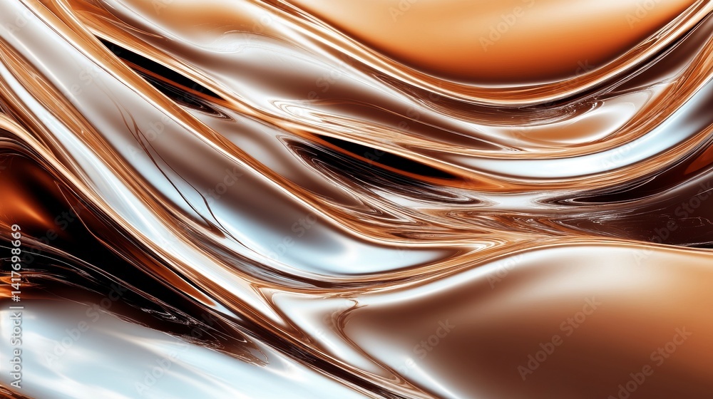 Poster abstract image of flowing metallic liquid, bronze and silver colors, dynamic curves and reflections.