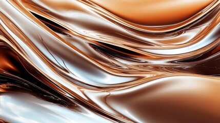 Abstract image of flowing metallic liquid, bronze and silver colors, dynamic curves and reflections.
