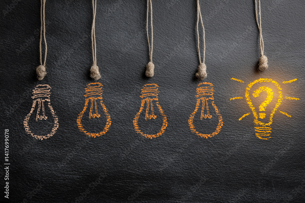Poster chalk-drawn lightbulbs hang from strings on a dark surface, one glowing, symbolizing idea generation
