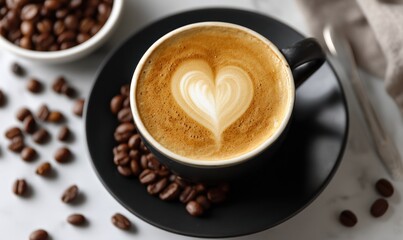 Obraz premium Latte art heart coffee on table with beans, offering cozy comfort & indulgence