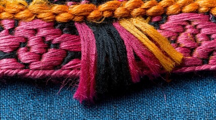 Close-up woven textile trim with tassels, vibrant colors on denim background