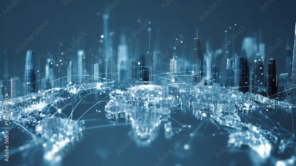 Aufkleber abstract representation of flowing particles and waves in a digital space. abstract, global, futuris