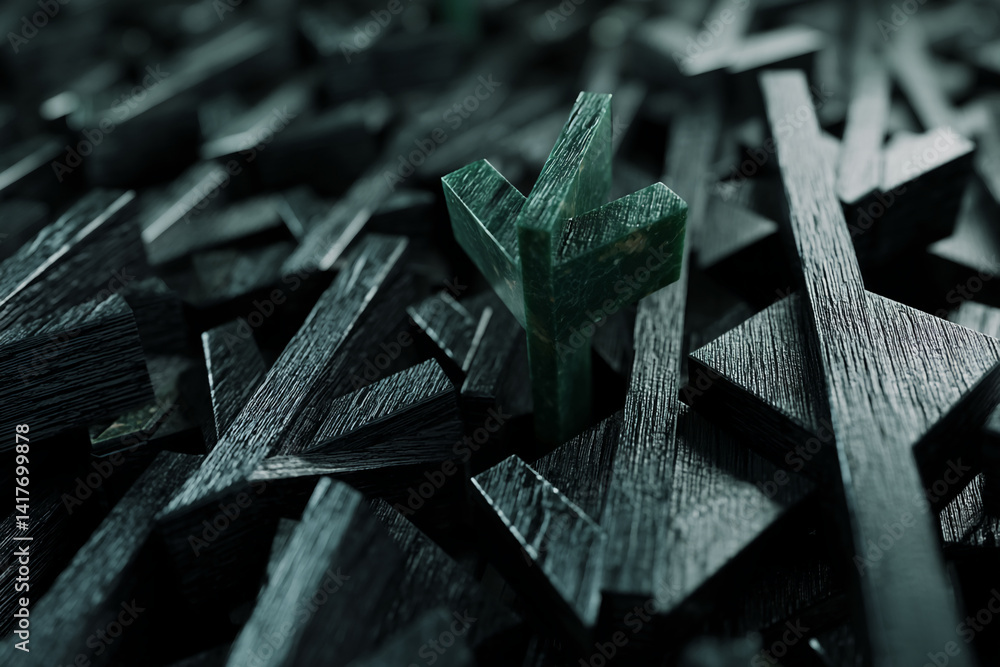 Poster green jade-like object stands out amongst many dark, textured blocks, showcasing contrast and unique