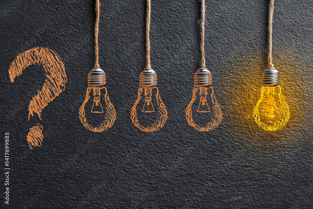 Poster drawn lightbulbs hang from twine against a dark background, one glowing brightly, symbolizing idea g
