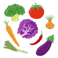 set collections of cute kawaii hand drawn fresh vegetables crayon doodle watercolour kids illustration clipart vegetarian vegan diet healthy nursery