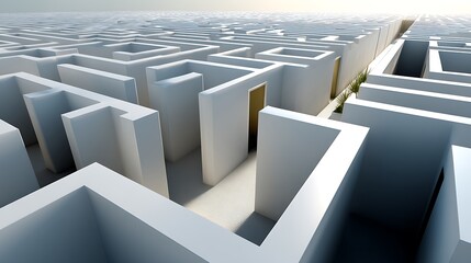 Aerial View of a Complex White Maze with Multiple Paths and Doors in a Modern Abstract Design