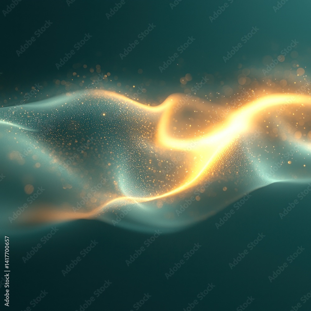 Poster abstract glowing teal and gold wave pattern with sparkling particles