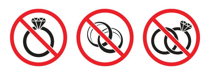 Vector icon of prohibited from carrying jewelry. Sign disallowed rings, jewellery, diamonds. Warning, alert and information symbol icon for the public. Vector illustration