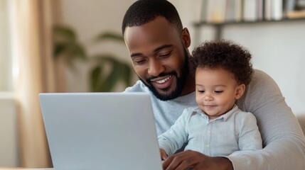 African dad multitasking with toddler on lap while working from home, blending parenting and career roles in a cozy digital workspace filled with warmth, connection, and authentic cultural detail.