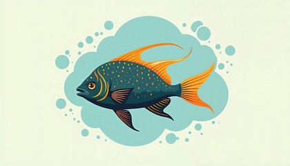Fototapeta premium Tropical Fish with Orange Fins and Blue Body Swimming in Bubbles