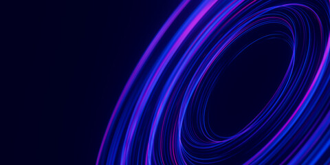 Closeup of circular data light speed flow. Abstract round digital data stream of quantum computing. Cyberspace of qubit trail waves with DOF. Modern tech information transmission.