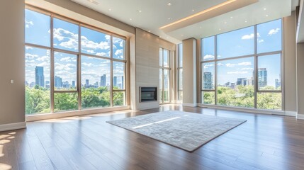 Fototapeta premium A spacious living room with floor-to-ceiling windows, allowing natural light to flood the space.