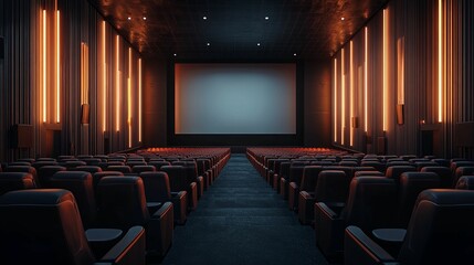 Empty movie theatre auditorium, illuminated by warm orange lights.