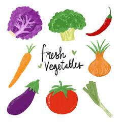 set cute kawaii hand drawn fresh vegetables crayon doodle watercolour kids illustration clipart vegetarian vegan diet healthy nursery collection cookbook