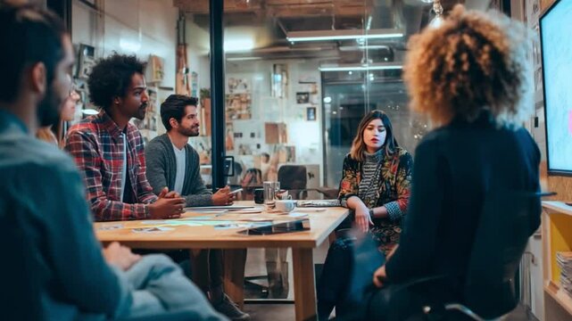 Collaborative Minds at Work: A team of diverse individuals is immersed in an engaging business meeting, exchanging ideas and strategies in a modern workspace setting.