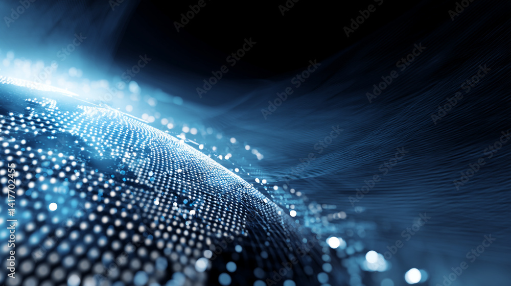 Poster futuristic digital landscape with glowing blue lights and data streams, representing technology, abs