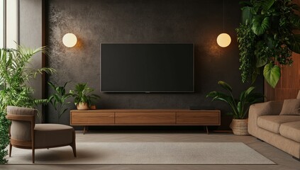 Modern living room with TV, plants, and warm tones, perfect for interior design inspiration