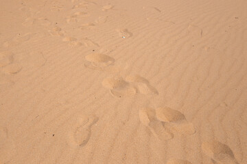 human footprints on loose yellow sand. Travel and tourism